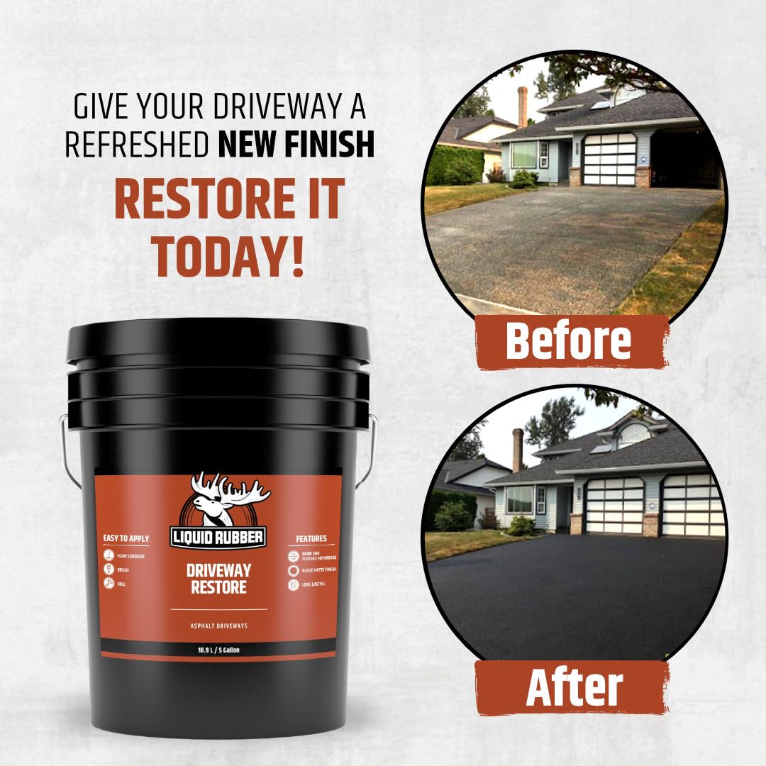Liquid Rubber Driveway Restore - Highly Flexible Asphalt Coating Fills Cracks and Revitalize, Easy to Use and Apply, 5 Gallon