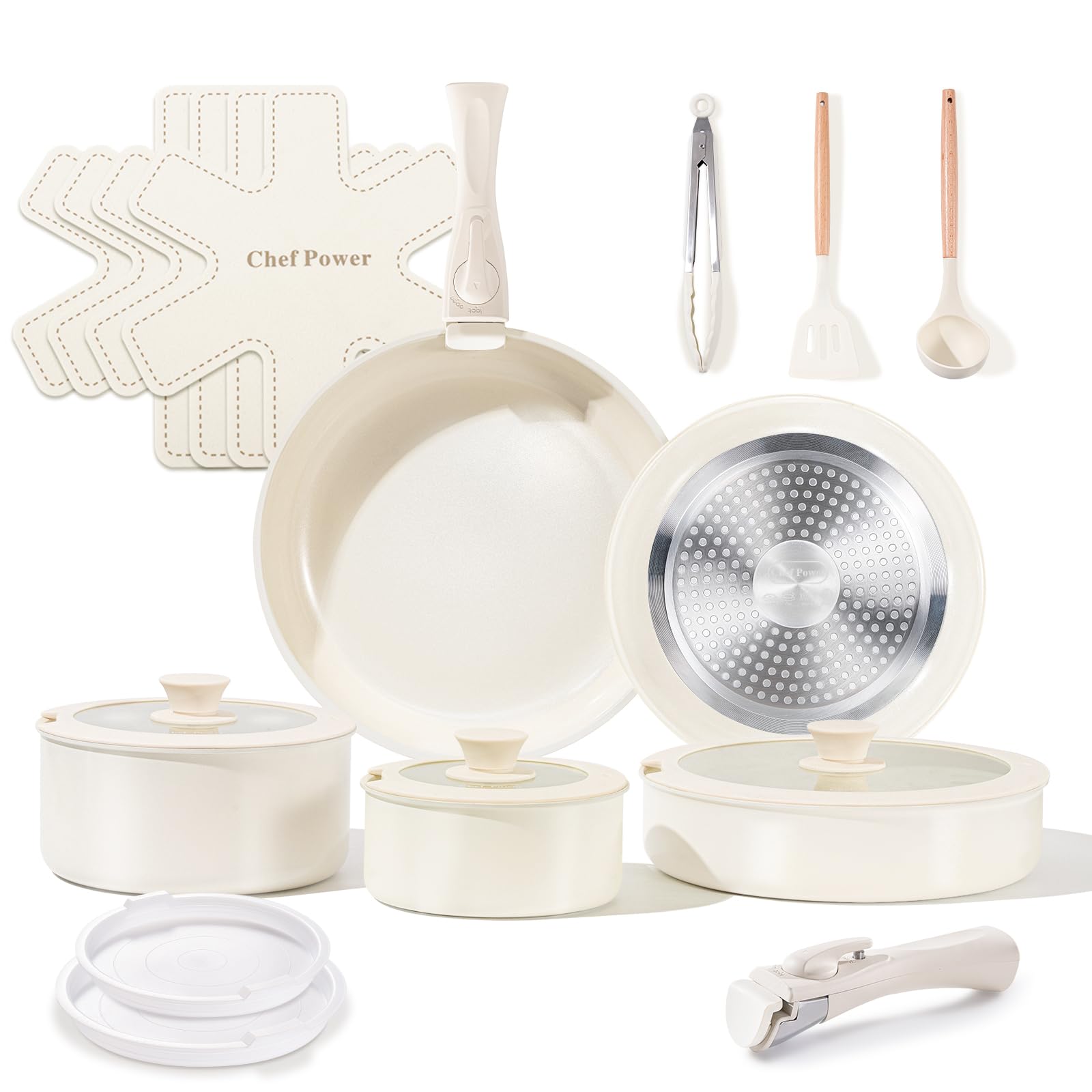 Chef Power Ceramic Cookware Set Non Toxic with Detachable Handles, Healthy Nonstick Pans and Pots Set 19 Pcs, Cream White