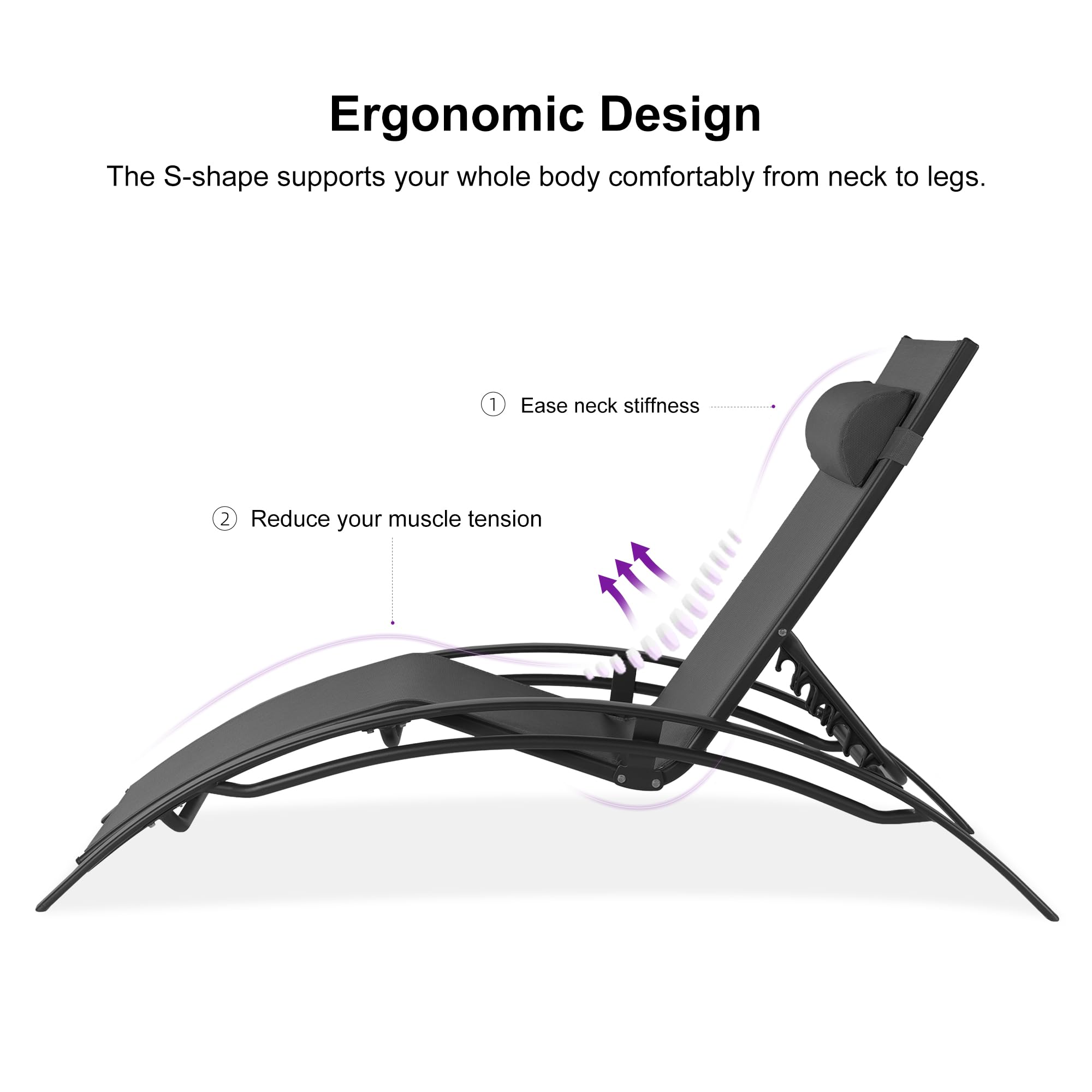 PURPLE LEAF Patio Chaise Lounge Set of 3 Outdoor Lounge Chair Beach Pool Sunbathing Lawn Lounger, Black