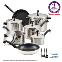 Farberware Classic Stainless Steel Cookware Pots and Pans Set, 15-Piece, 50049, Silver