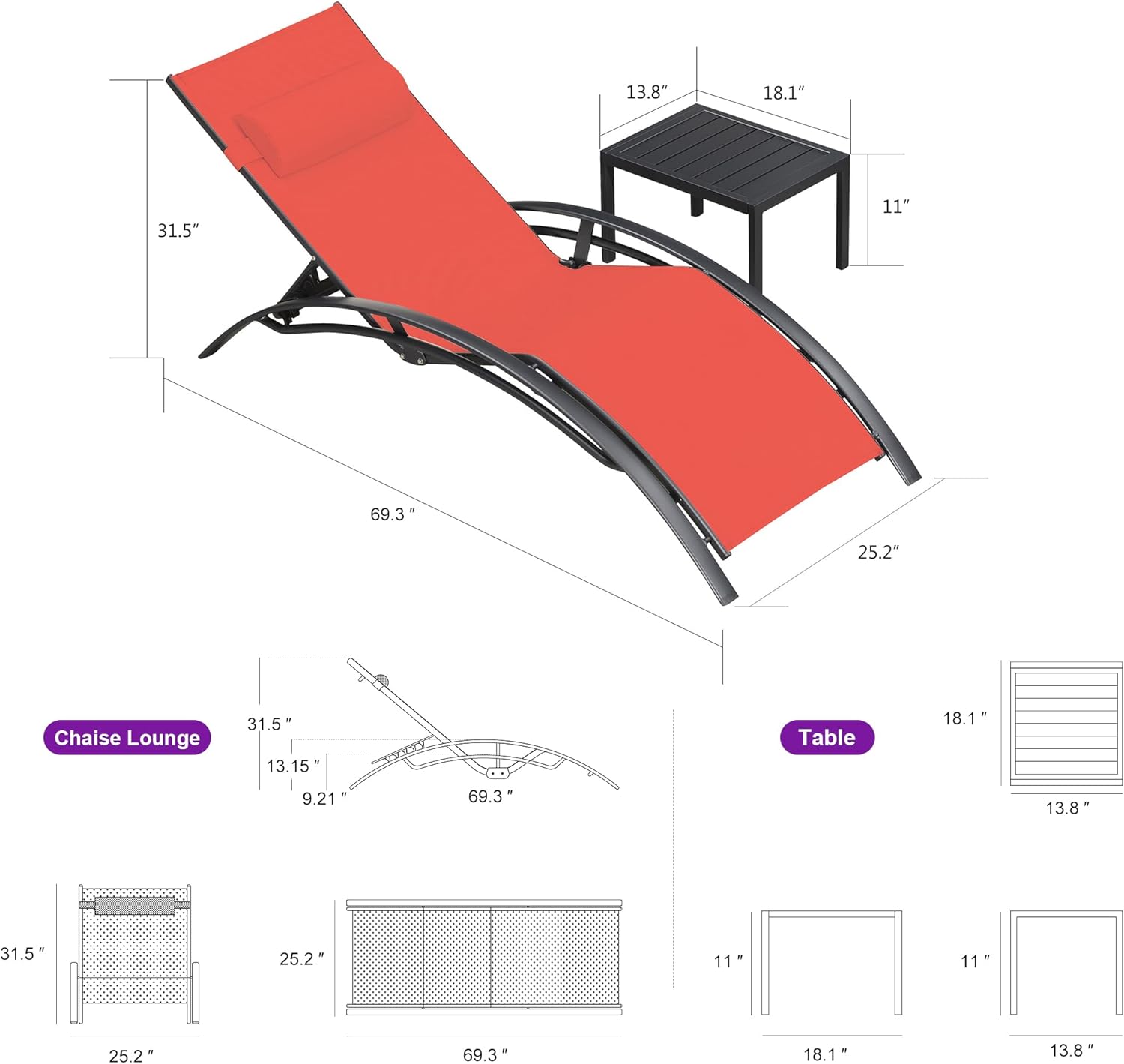 PURPLE LEAF Patio Chaise Lounge Set Outdoor Lounge Chair Beach Pool Sunbathing Lawn Lounger, Coral Red
