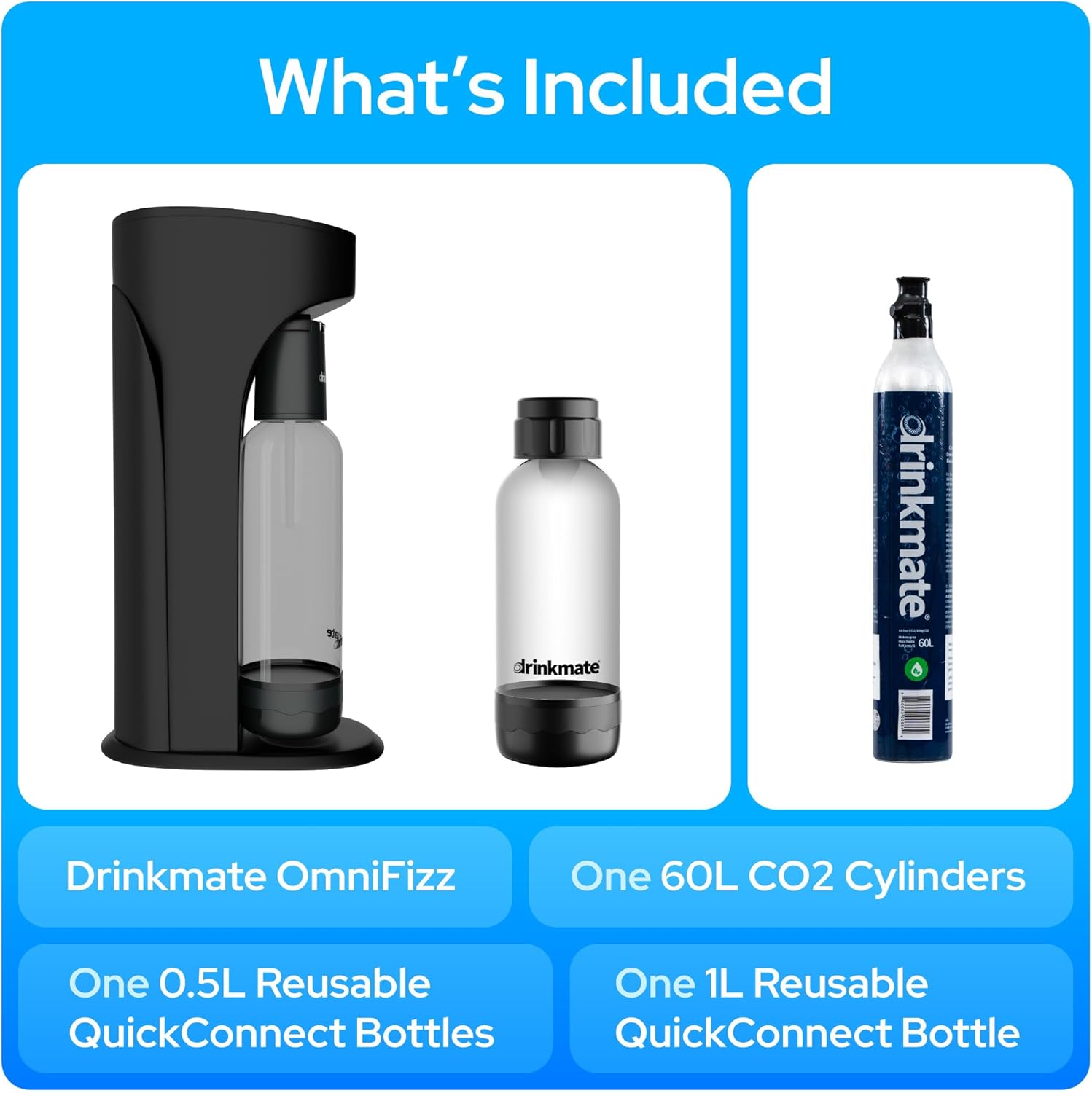 Drinkmate OmniFizz Sparkling Water and Soda Maker, Carbonates Any Drink, Special Bundle (Matte Black)