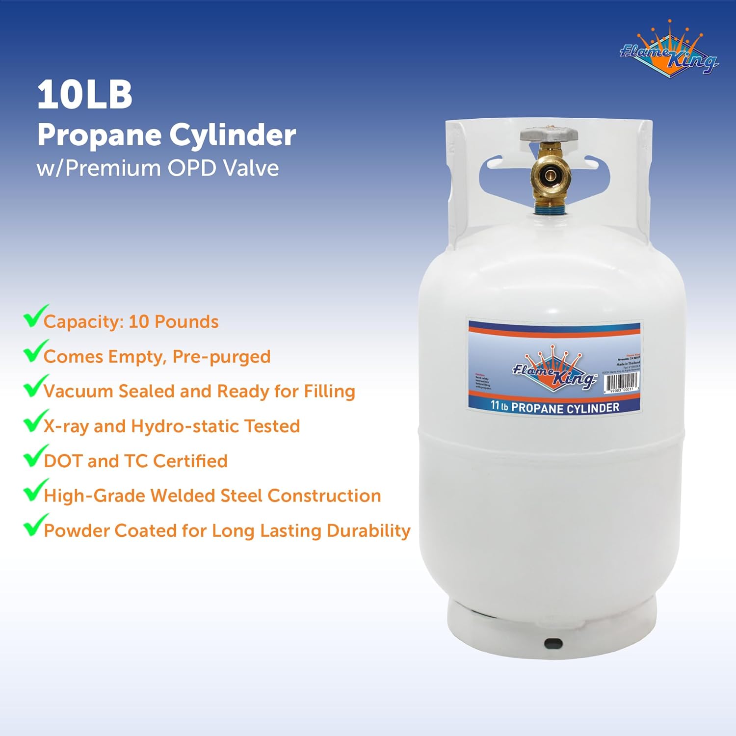 Flame King YSN10LB 10LB Steel Propane Tank Cylinder with Type 1 Overflow Protection Device Valve, for Camping, Fire Pits, Heaters, Grills, Overlanding, White