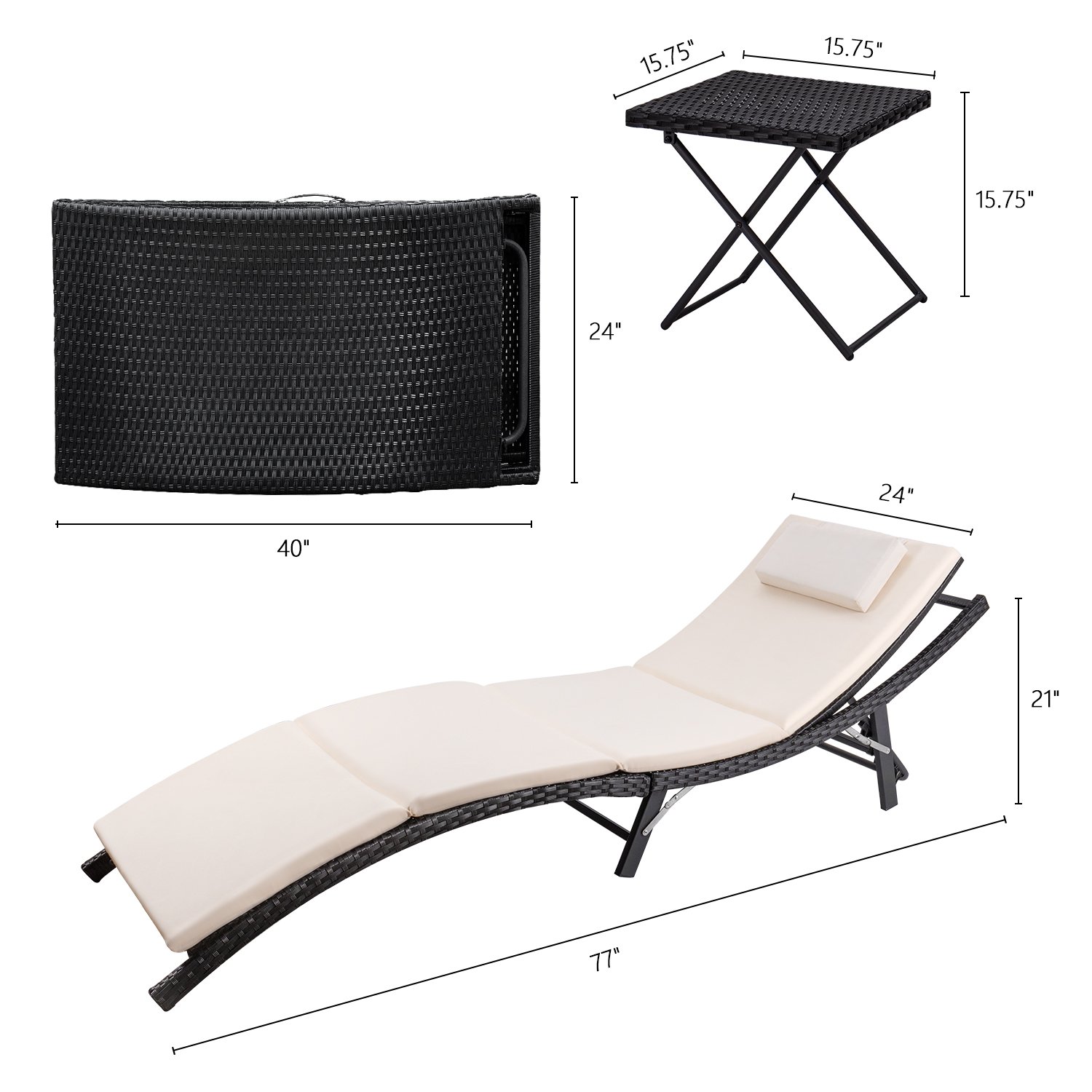 Devoko Patio Chaise Lounge Sets Outdoor Rattan Adjustable Back 3 Pieces Cushioned Patio Folding Chaise Lounge (Beige)