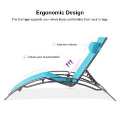 Purple Leaf Patio Chaise Lounge Set of 3 Outdoor Lounge Chair Beach Pool Sunbathing Lawn Lounger Recliner Chiar, Turquoise Blue