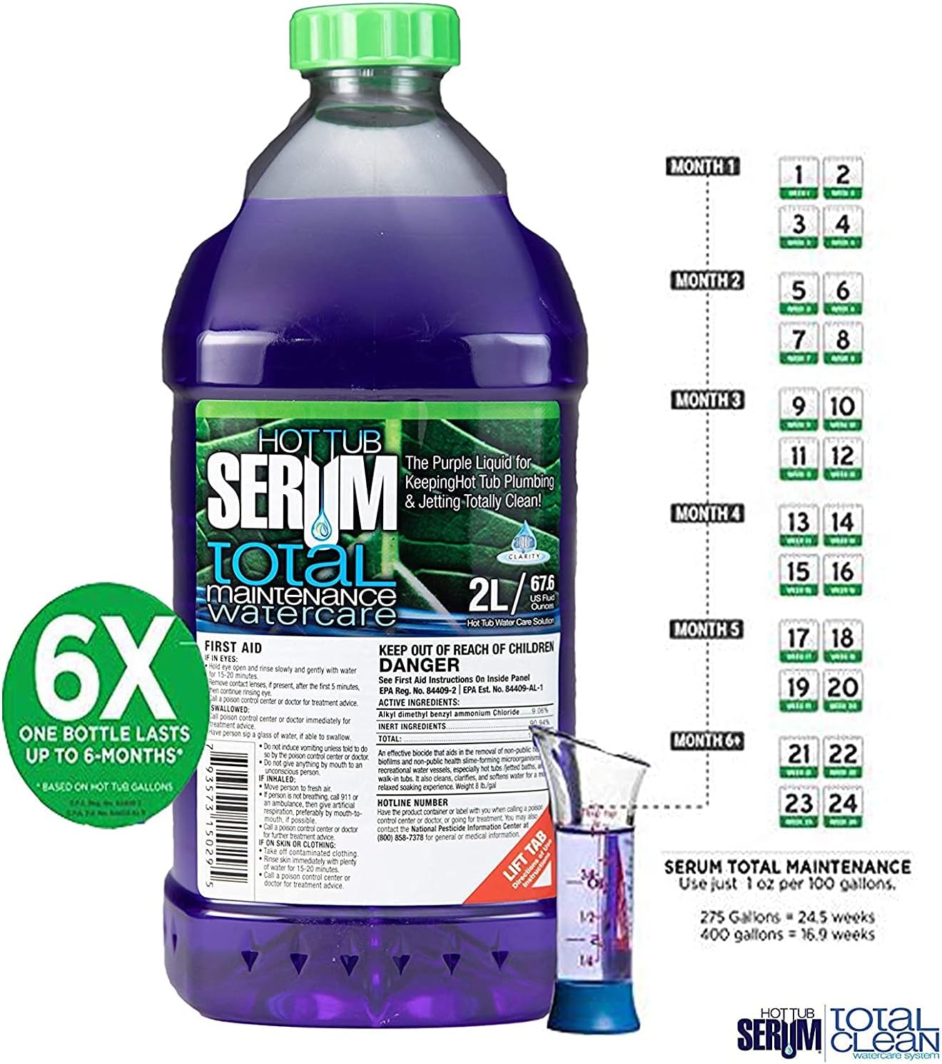 Hot Tub Serum A Weekly Maintenance Hot Tub Cleaner/Clarifier/Conditioner/Softener All-in-One 2 Liter (24 Weekly doses)