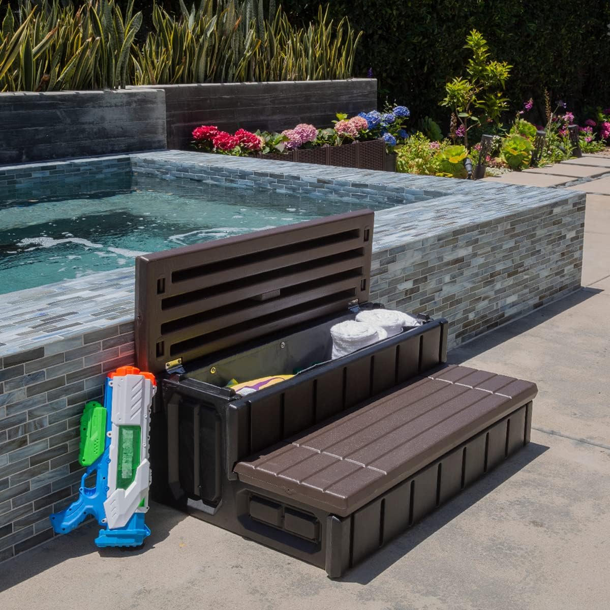 XtremepowerUS Universal 2 Slip-Resistant Spa & Hot Tub Step Outdoor Indoor Compartment Spa Step with Storage, Brown/Black