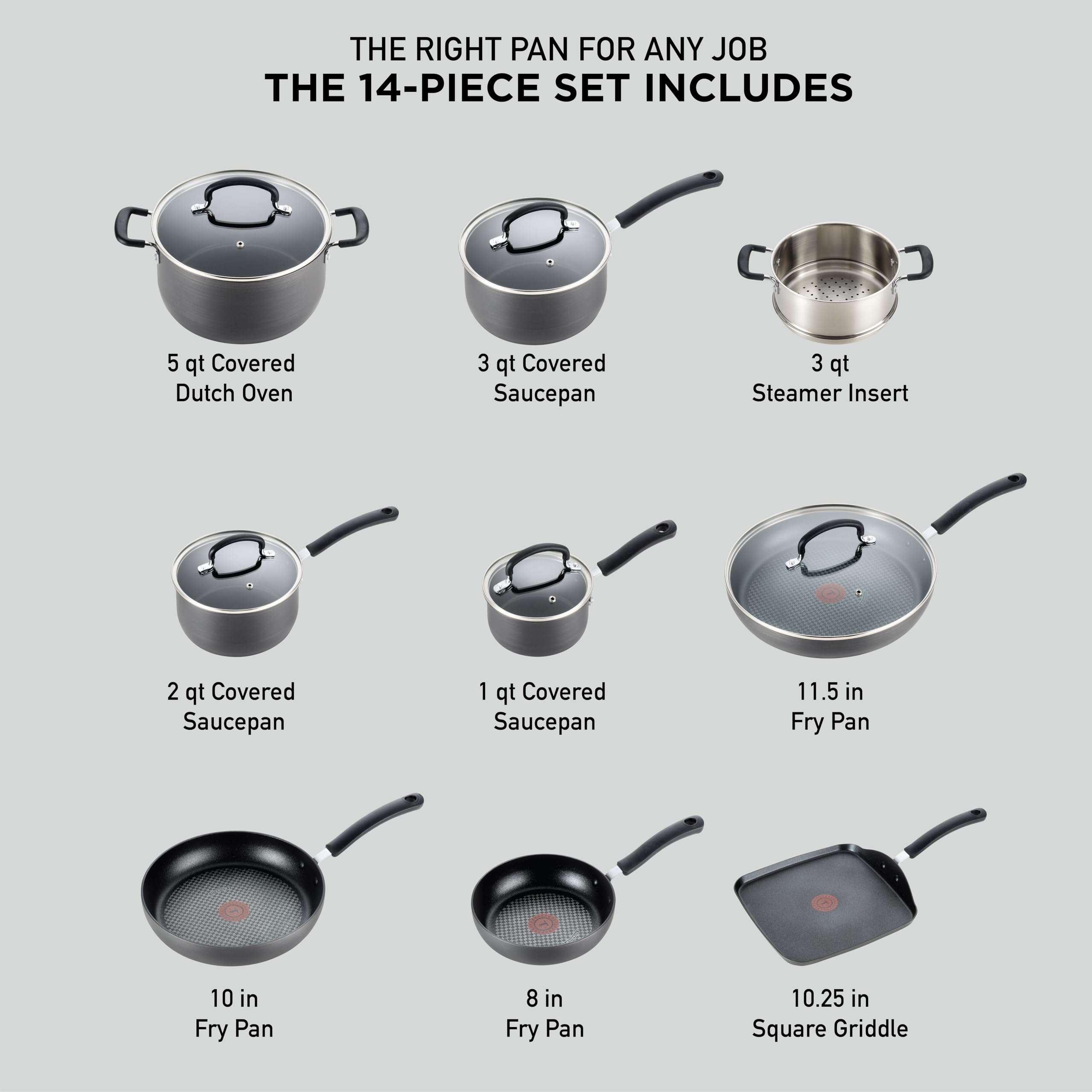 T-fal Ultimate Hard Anodized Nonstick Cookware Set 14 Piece, Oven Broiler Safe 400F, Lid Safe 350F, Kitchen Cooking Set w/Fry Pans, Black - Image 7