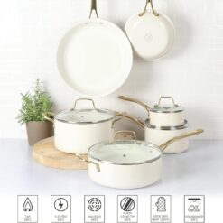 Martha Stewart Lockton Premium Nonstick PFA Free Ceramic Interior 10 Piece Heavy Gauge Enamel Aluminum Pots and Pans Cookware Set - Linen White w/Gold Handle