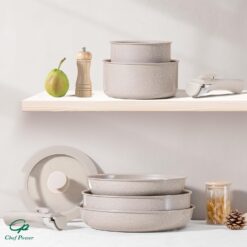Chef Power Ceramic Nonstick Pots and Pans Set 19 Piece with Detachable Handle, Mocca Taupe