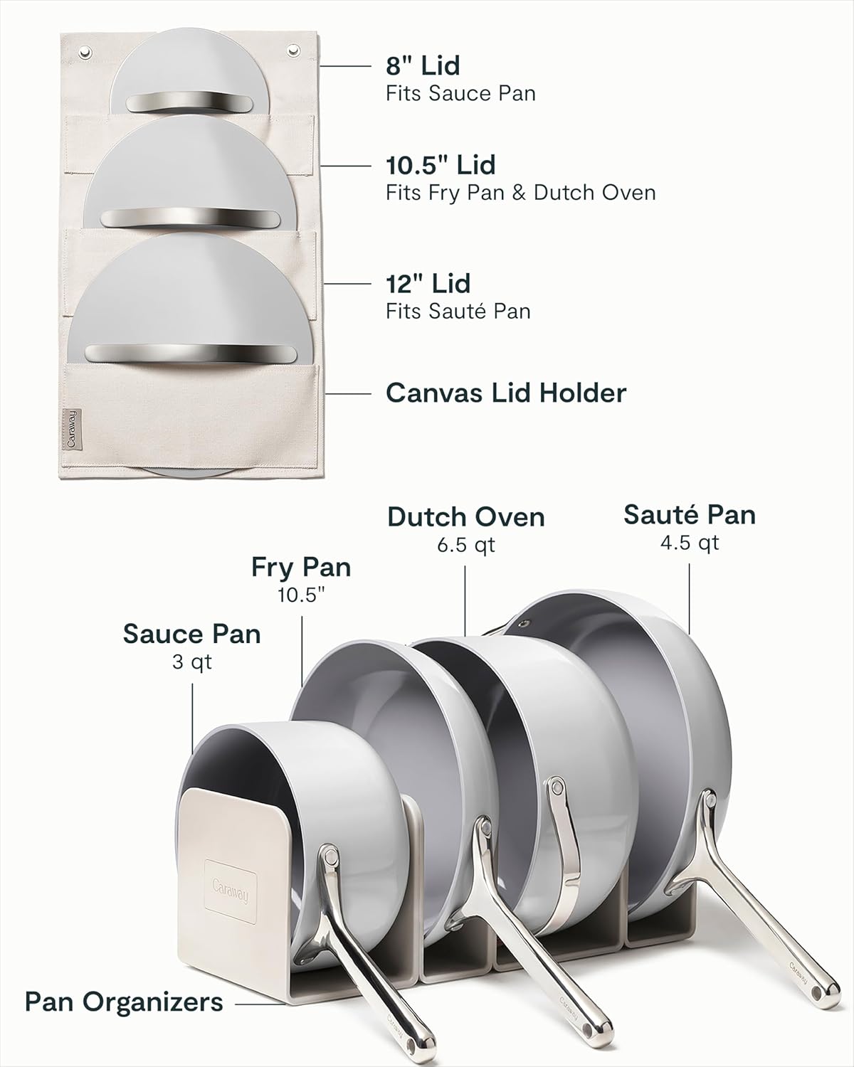 Caraway Nonstick Ceramic Cookware Set (12 Piece) Pots, Pans, Lids and Kitchen Storage - Gray