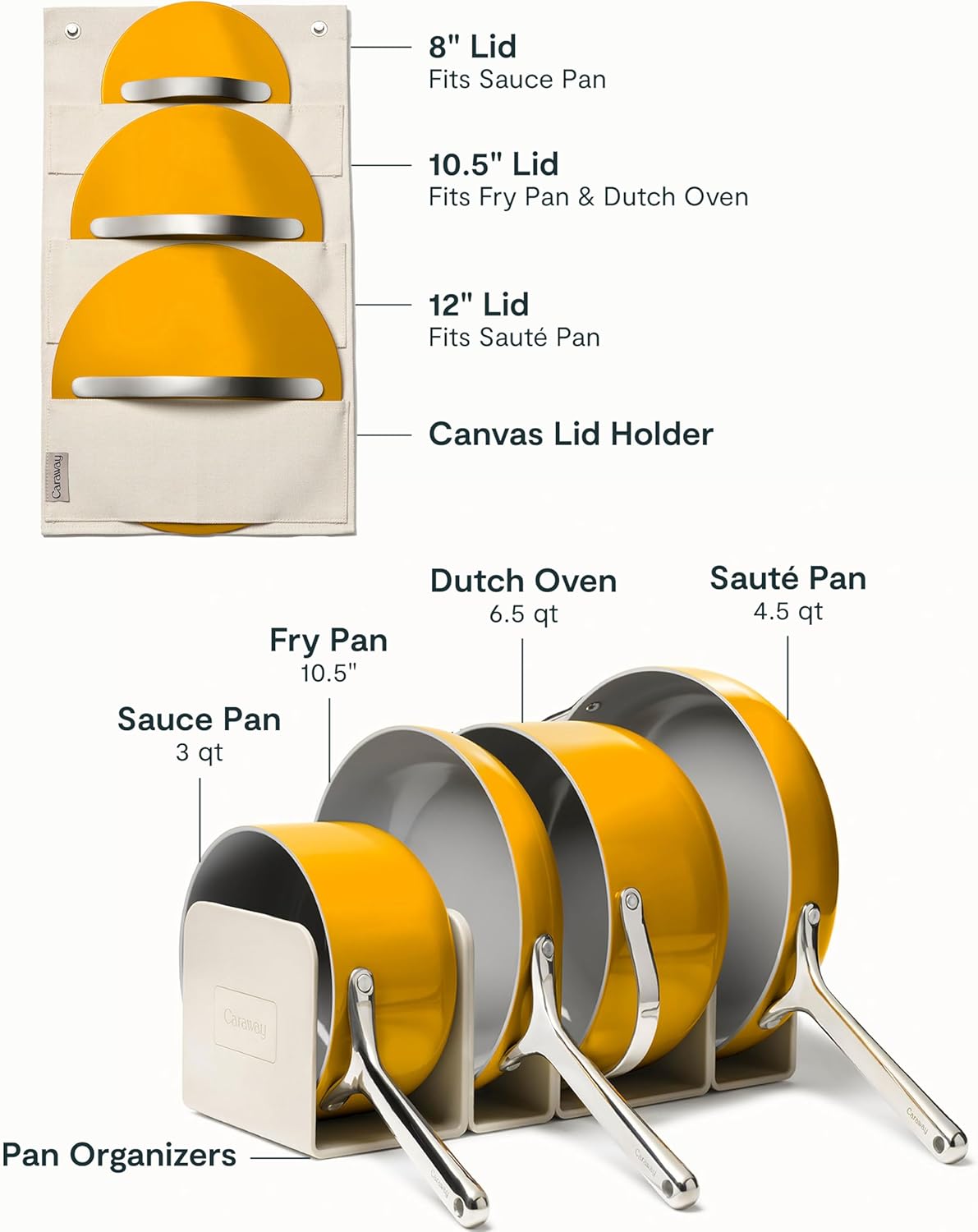 Caraway Nonstick Ceramic Cookware Set (12 Piece) Pots, Pans, Lids and Kitchen Storage - Marigold