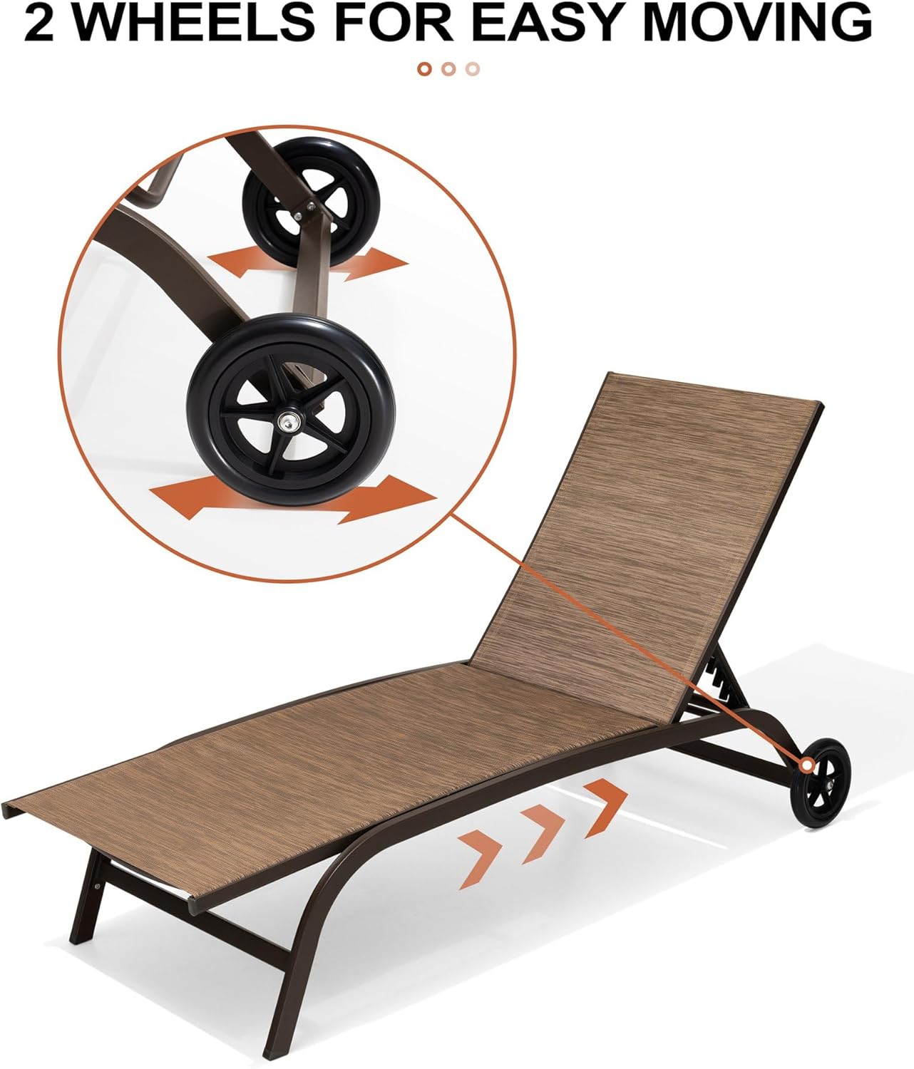 Crestlive Products Outdoor Chaise Lounge Chairs with Wheels Set of 2, Pool Lounge Chairs with 5 Adjustable Position, Brown