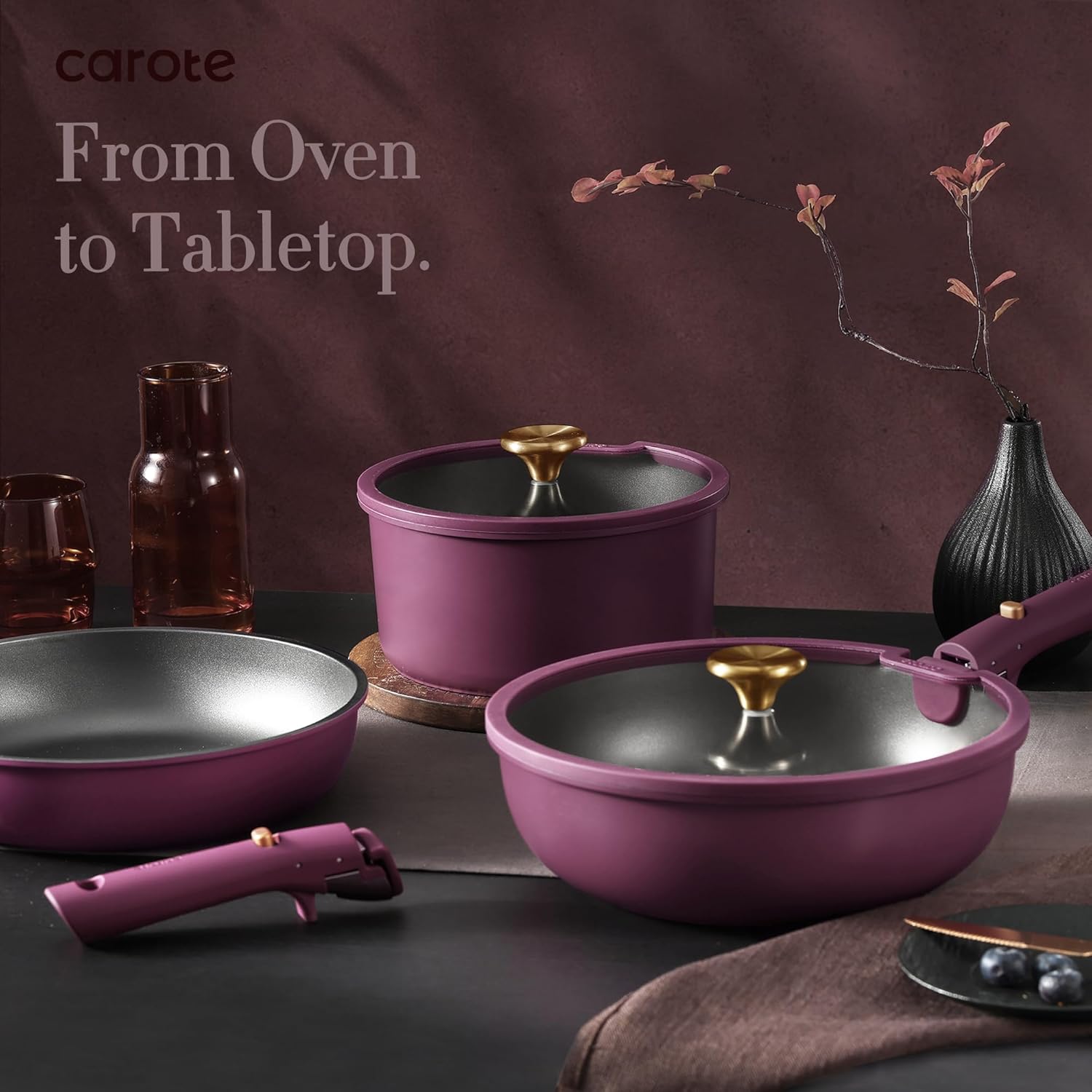 CAROTE 19pcs Pots and Pans Set, Nonstick Cookware Set Detachable Handle, Gold and Purple
