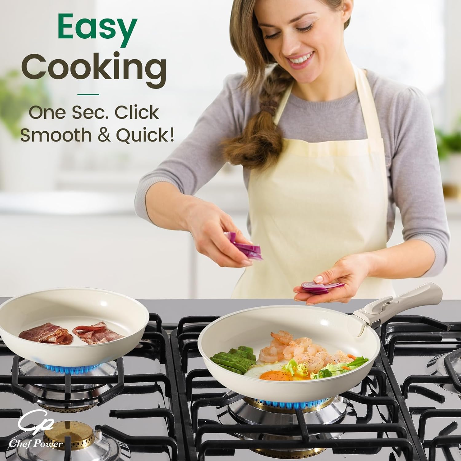 Chef Power Ceramic Cookware Set Non Toxic with Detachable Handles, Healthy Nonstick Pans and Pots Set 19 Pcs, Cream White