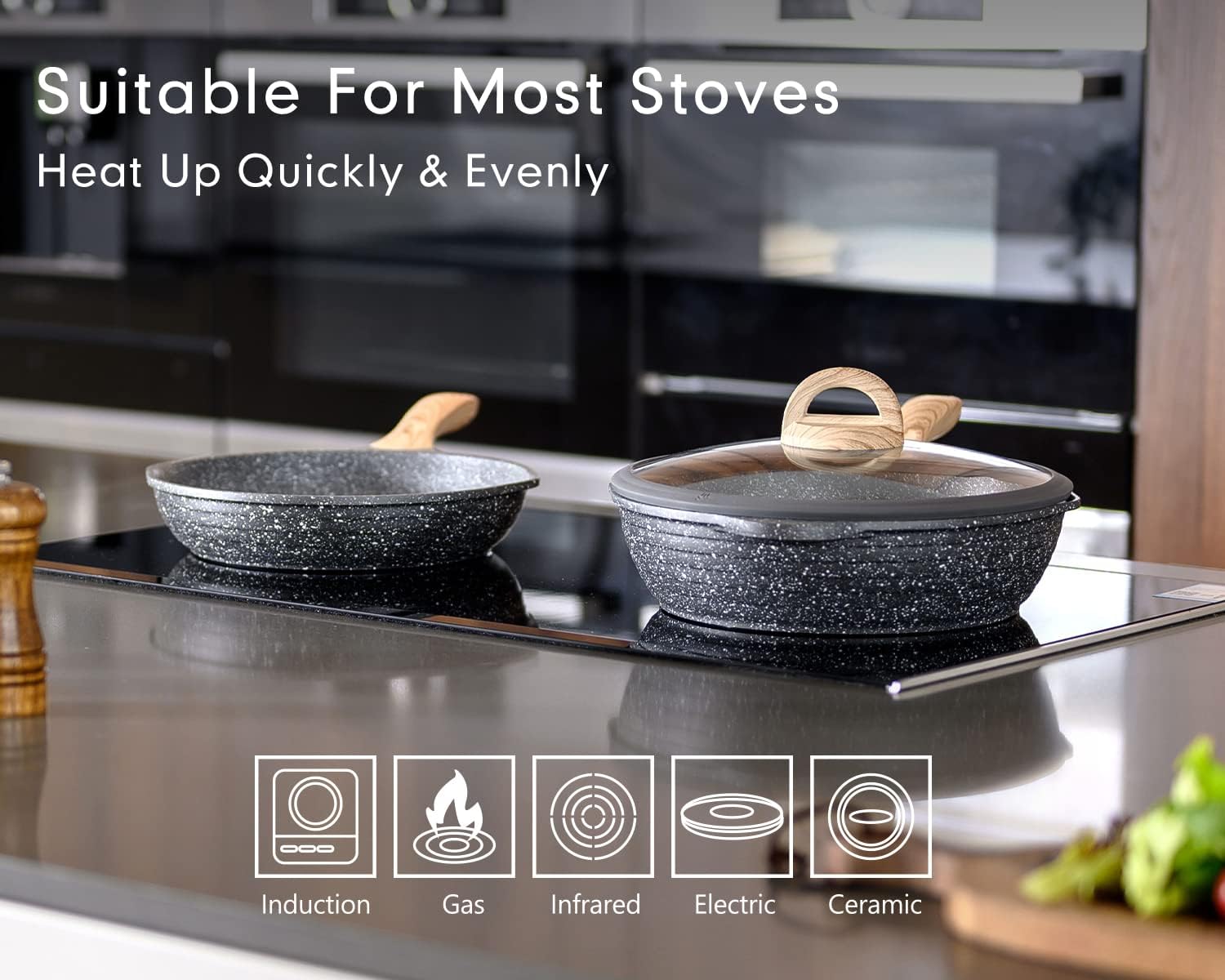 JEETEE Pots and Pans Set Nonstick 20PCS, Granite Coating Induction Compatible with Frying Saucepan (Grey, Cookware Set)