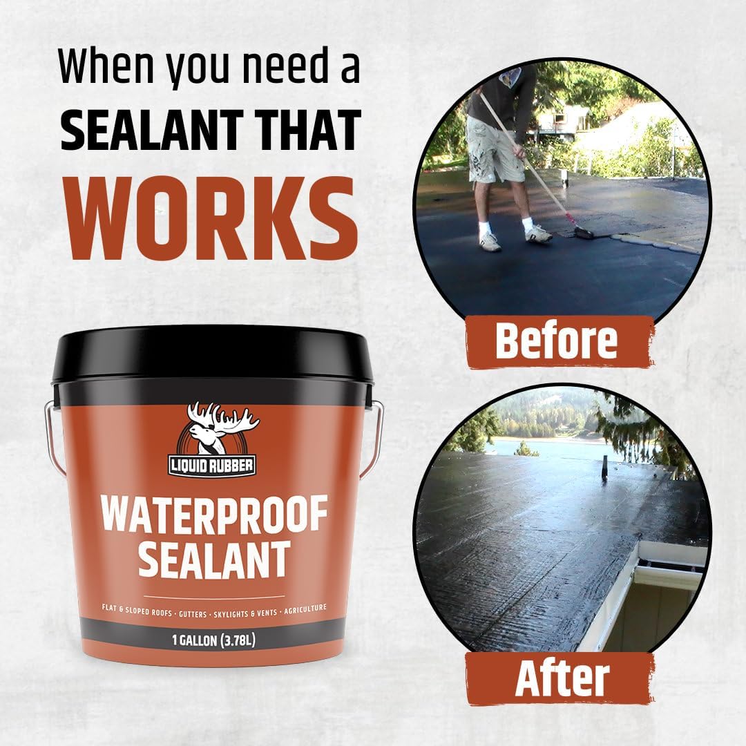 Liquid Rubber Waterproof Sealant, DIY Leak Repair Coating for Flat, Metal & Low Slope Roofs, Foundations, Gutters & More, Black - 5 Gallon