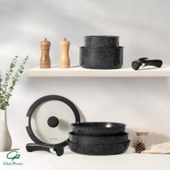 Chef Power Ceramic Nonstick Cookware Set 19 Piece with Detachable Handle, Rock Stone Black