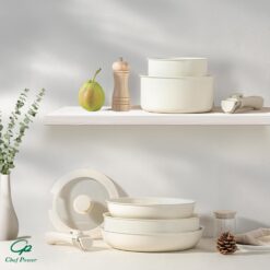 Chef Power Ceramic Cookware Set Non Toxic with Detachable Handles, Healthy Nonstick Pans and Pots Set 19 Pcs, Cream White