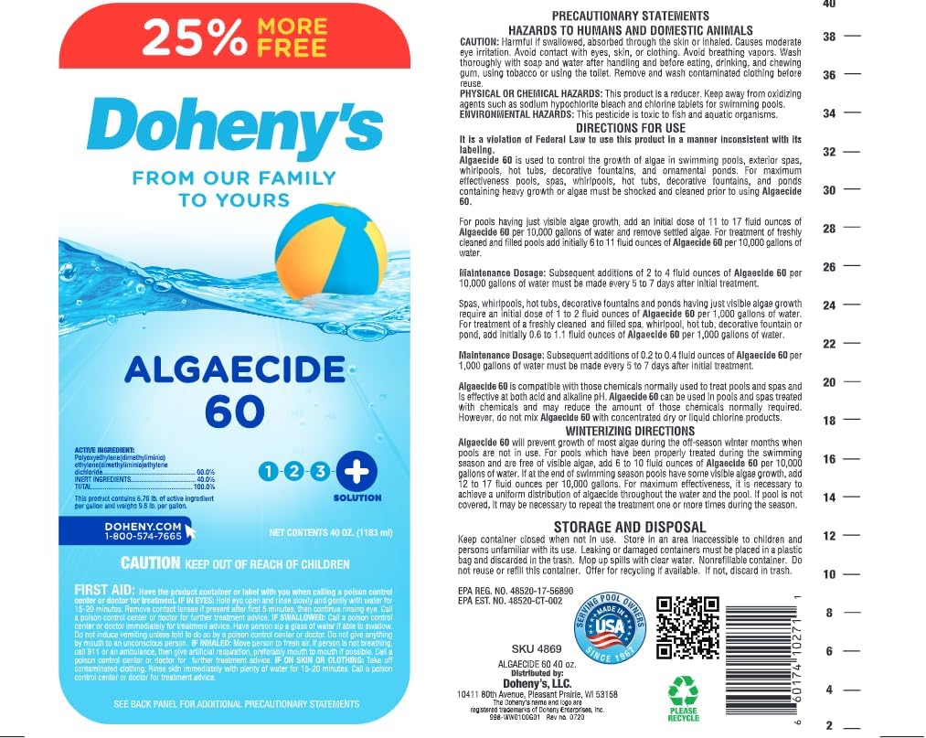 Doheny's Algaecide 60, Pro-Grade, Metal-Free & Non-Foaming, Prevents All Algae Types, No Stains or Clouding, 4 x 40oz (160oz)
