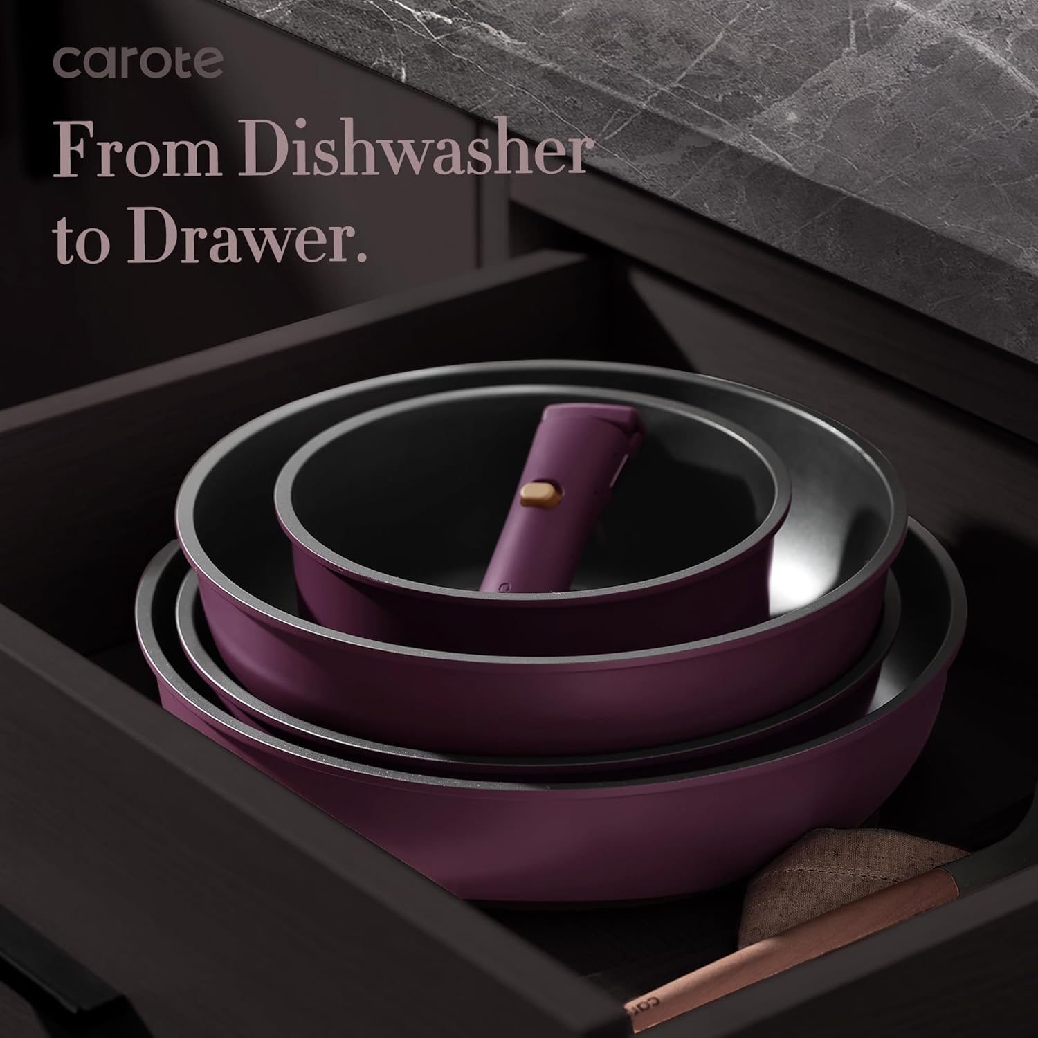 CAROTE 19pcs Pots and Pans Set, Nonstick Cookware Set Detachable Handle, Gold and Purple