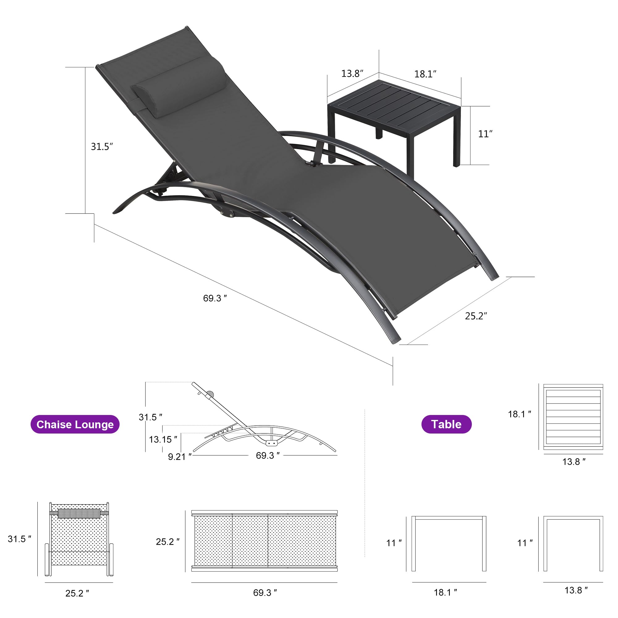 PURPLE LEAF Patio Chaise Lounge Set of 3 Outdoor Lounge Chair Beach Pool Sunbathing Lawn Lounger, Black
