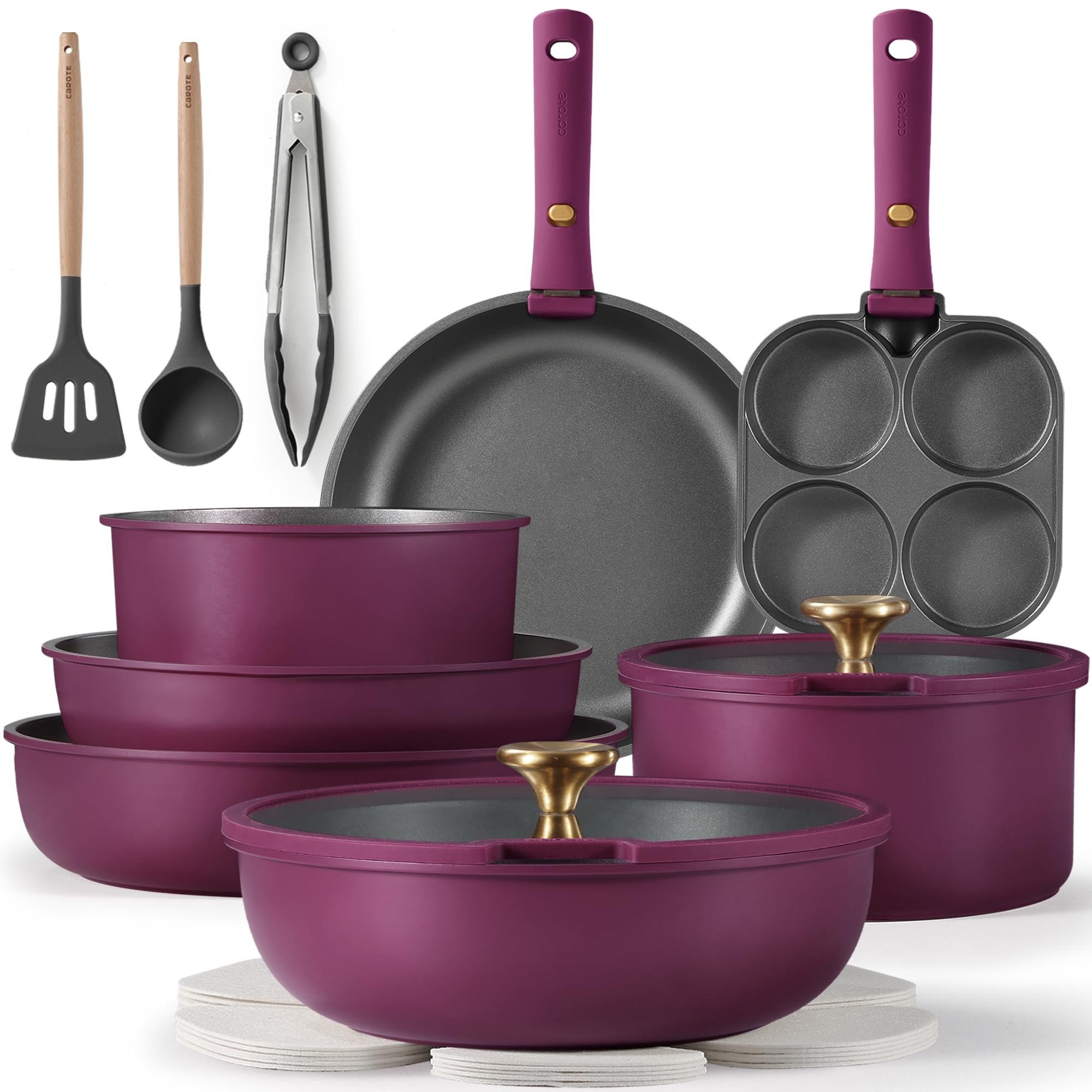 CAROTE 19pcs Pots and Pans Set, Nonstick Cookware Set Detachable Handle, Gold and Purple