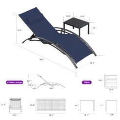 PURPLE LEAF Patio Chaise Lounge Set Outdoor Beach Pool Sunbathing Lawn Lounger Recliner, Navy Blue