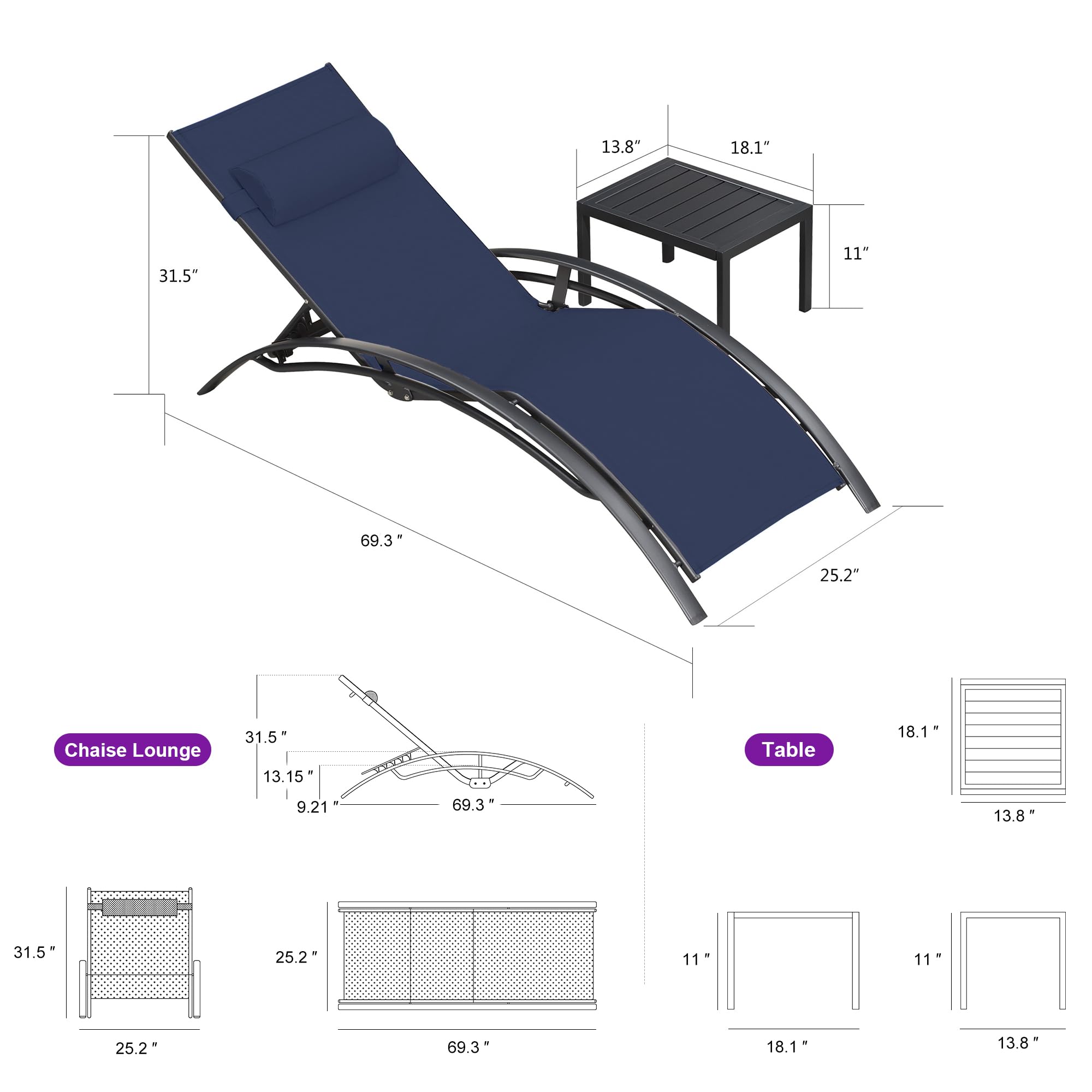PURPLE LEAF Patio Chaise Lounge Set Outdoor Beach Pool Sunbathing Lawn Lounger Recliner, Navy Blue