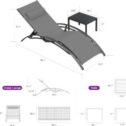 PURPLE LEAF Patio Chaise Lounge Set of 3 Outdoor Lounge Chair Beach Pool Sunbathing Lawn Lounger Recliner Chiar, Grey