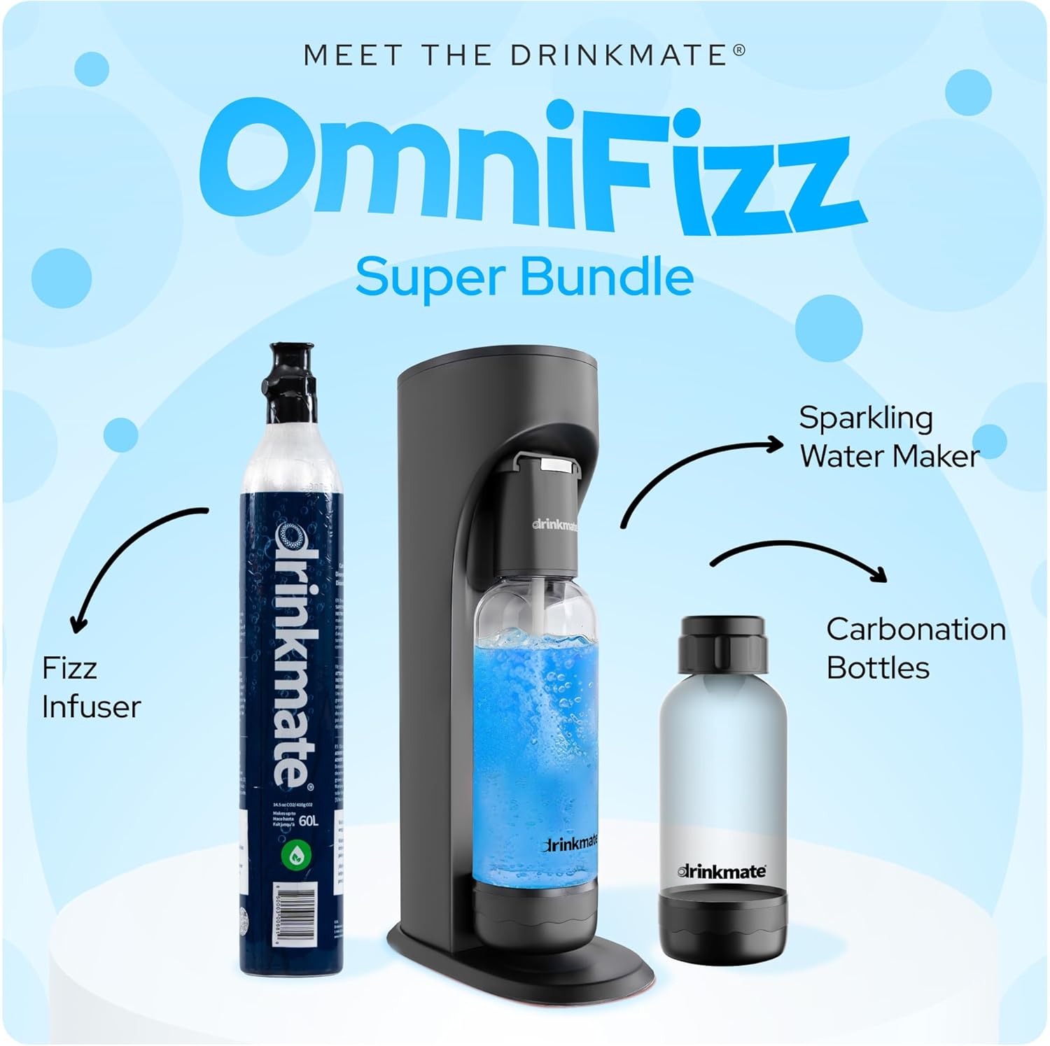 Drinkmate OmniFizz Sparkling Water and Soda Maker, Carbonates Any Drink, Special Bundle (Matte Black)