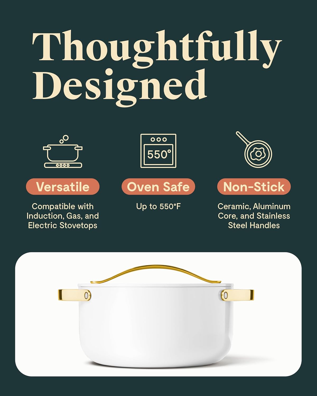 Caraway Nonstick Ceramic Dutch Oven Pot with Lid (6.5 qt, 10.5") - Non Toxic, PTFE & PFOA Free - White