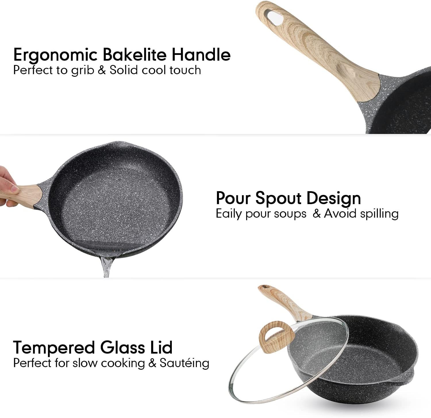 JEETEE Pots and Pans Set Nonstick 20PCS, Granite Coating Induction Compatible with Frying Saucepan (Grey, Cookware Set)