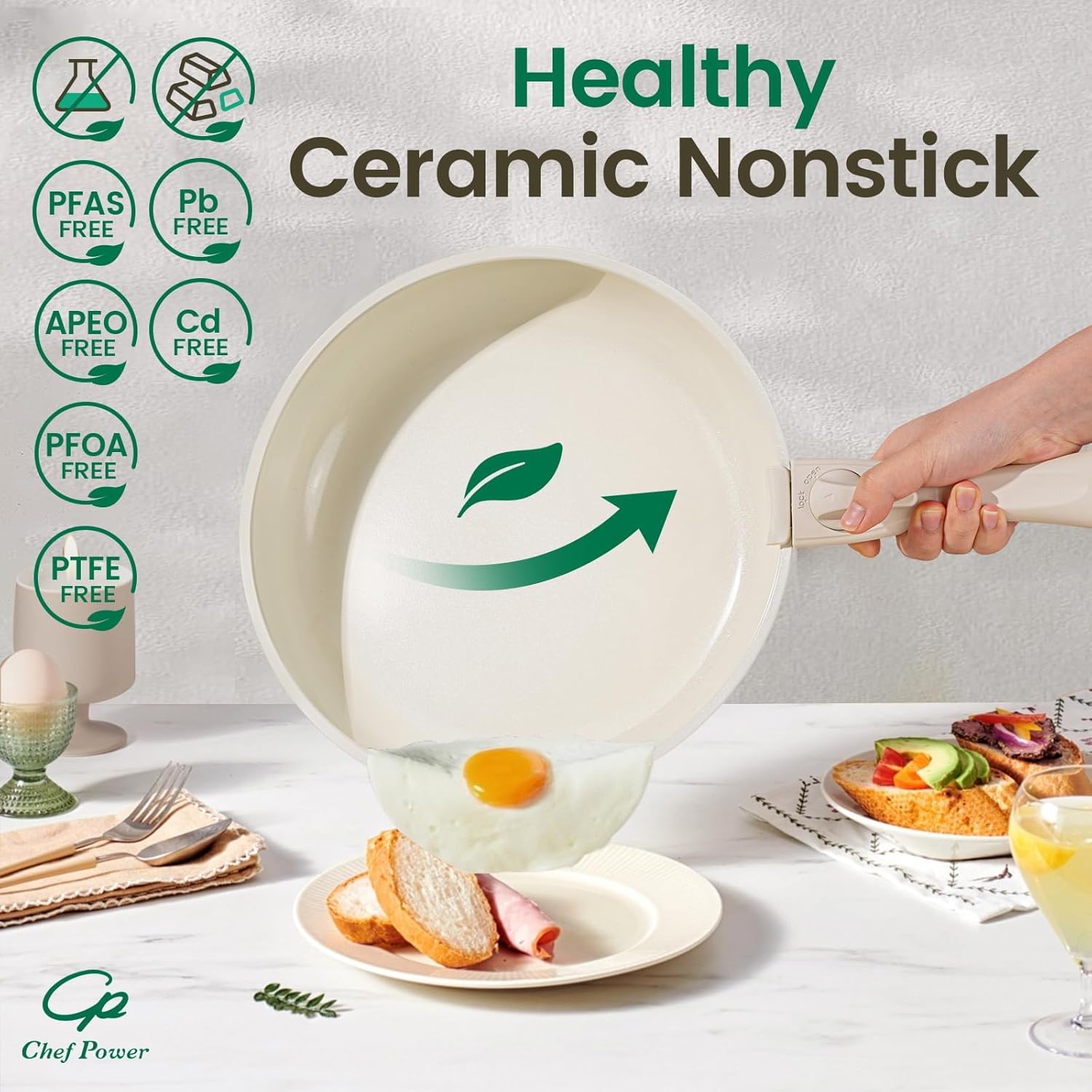 Chef Power Ceramic Cookware Set Non Toxic with Detachable Handles, Healthy Nonstick Pans and Pots Set 19 Pcs, Cream White