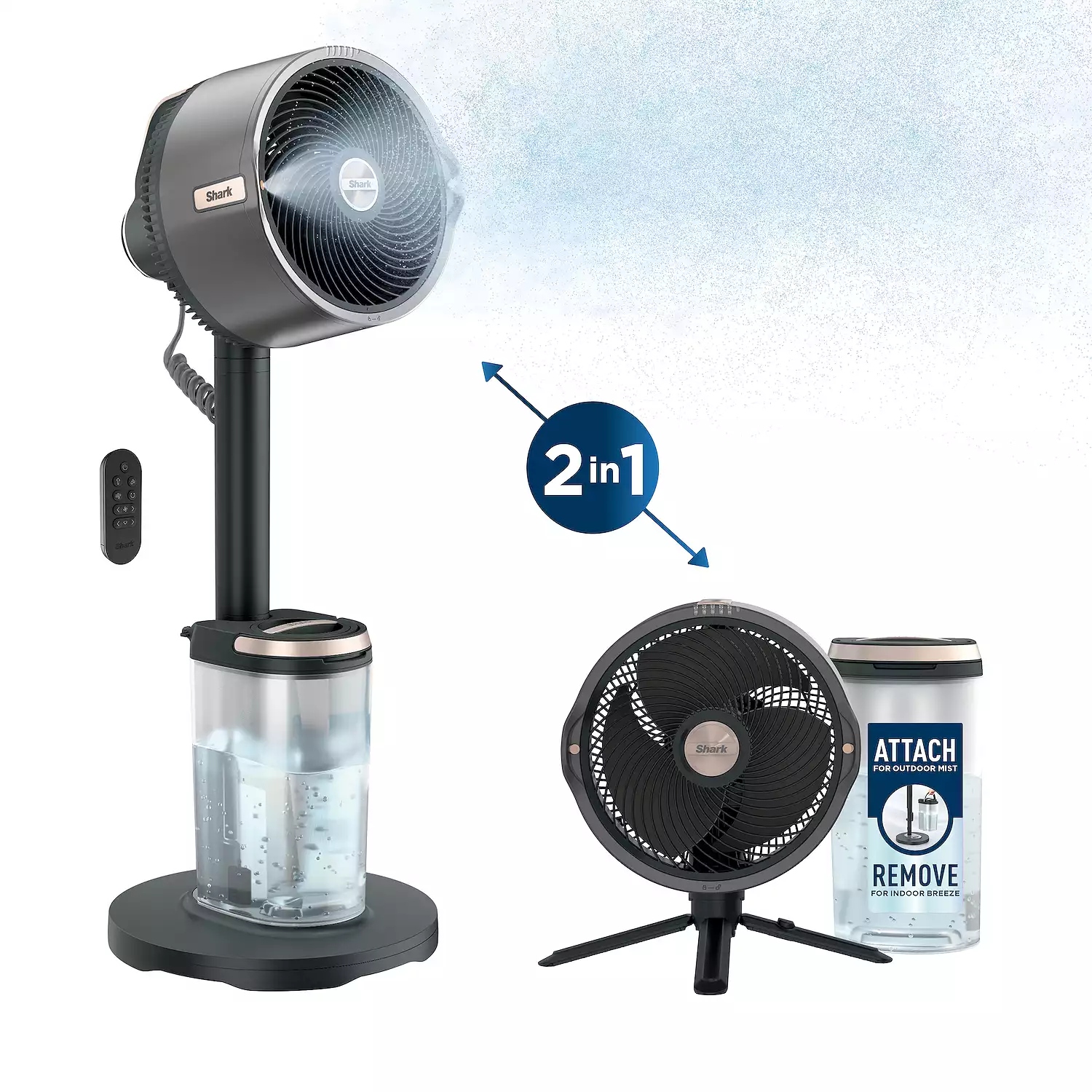 Shark FlexBreeze Pro Mist Fan — Indoor & Outdoor, Integrated Misting, Pedestal to Tabletop, Corded or Cordless, Up to 24-Hr Battery, Oscillating, Charcoal Grey, FA302