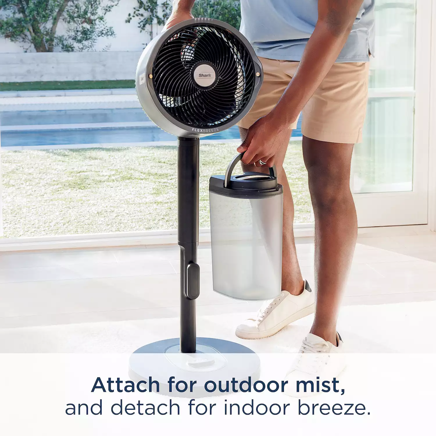 Shark FlexBreeze Pro Mist Fan — Indoor & Outdoor, Integrated Misting, Pedestal to Tabletop, Corded or Cordless, Up to 24-Hr Battery, Oscillating, Charcoal Grey, FA302