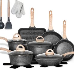 JEETEE Pots and Pans Set Nonstick 20PCS, Granite Coating Induction Compatible with Frying Saucepan (Grey, Cookware Set)
