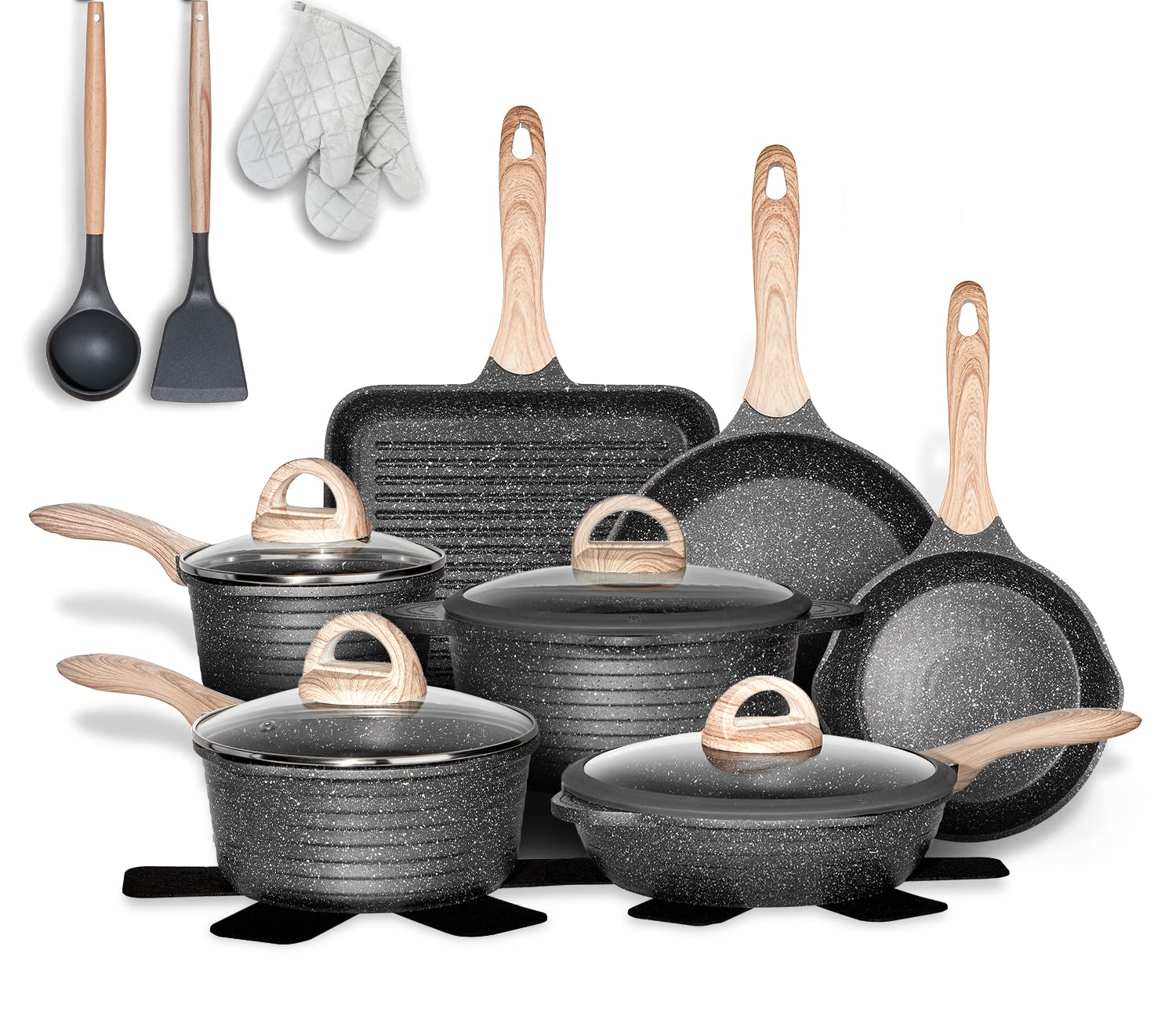JEETEE Pots and Pans Set Nonstick 20PCS, Granite Coating Induction Compatible with Frying Saucepan (Grey, Cookware Set)