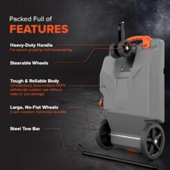 Camco Rhino 36-Gallon Portable RV Tote Tank - Features 2 Steerable No-Flat Front Wheels & Built-in Gate Valve