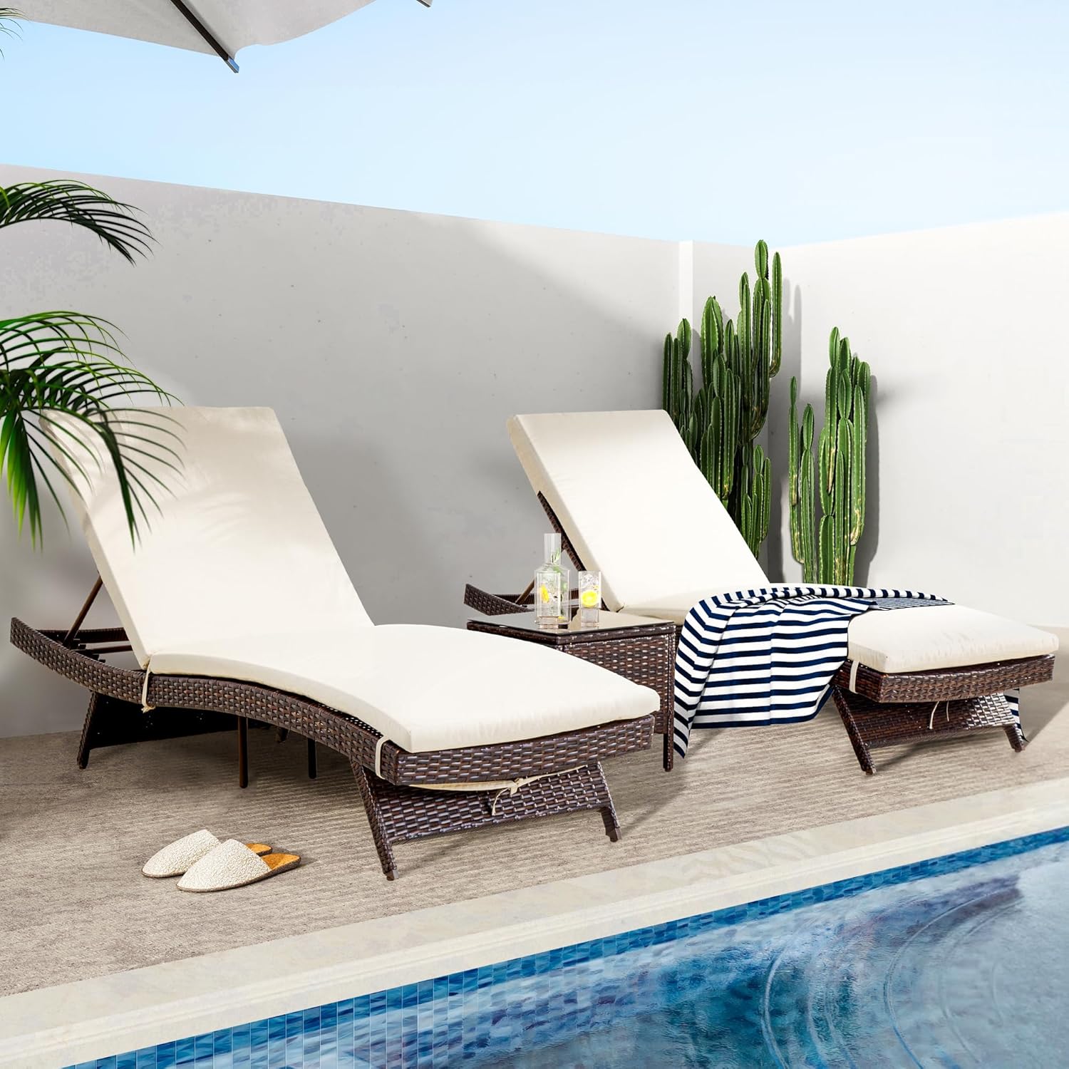 Pamapic Patio Chaise Lounge Set 3 Pieces with Adjustable Backrest and Removable Cushion