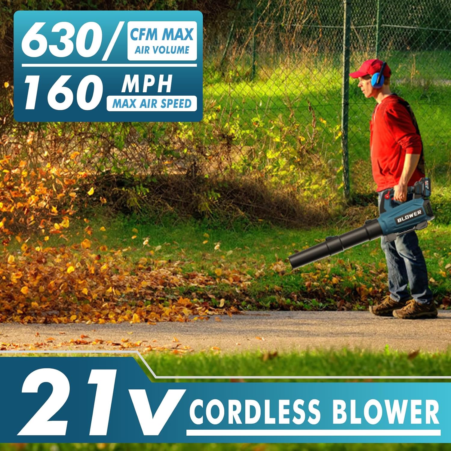 GROWORT Leaf Blower Cordless - 630CFM/160MPH, 21V Powerful Electric Cordless Leaf Blower with 2 x 4.0Ah Batteries and Charger
