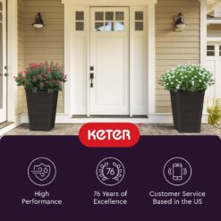 Keter Set of 2 Resin Modern Outdoor 22 Inch Tall Large Flower Pots, Tapered Wood Look Planters, Graphite