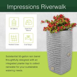 Good Ideas Impressions Riverwalk Rain Barrel with 2 Metal Spigots, 50 Gallon, Dark Granite