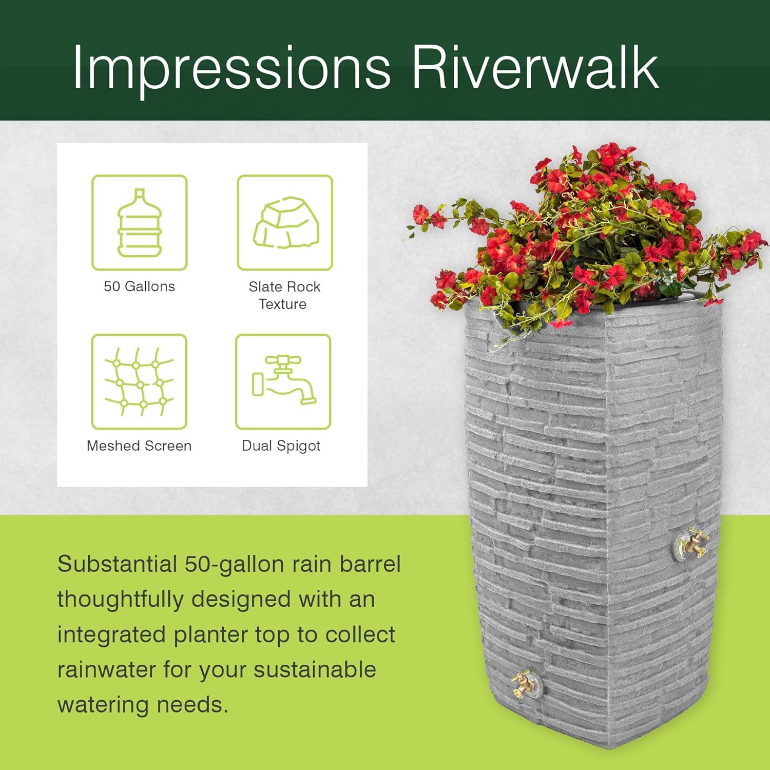 Good Ideas Impressions Riverwalk Rain Barrel with 2 Metal Spigots, 50 Gallon, Dark Granite