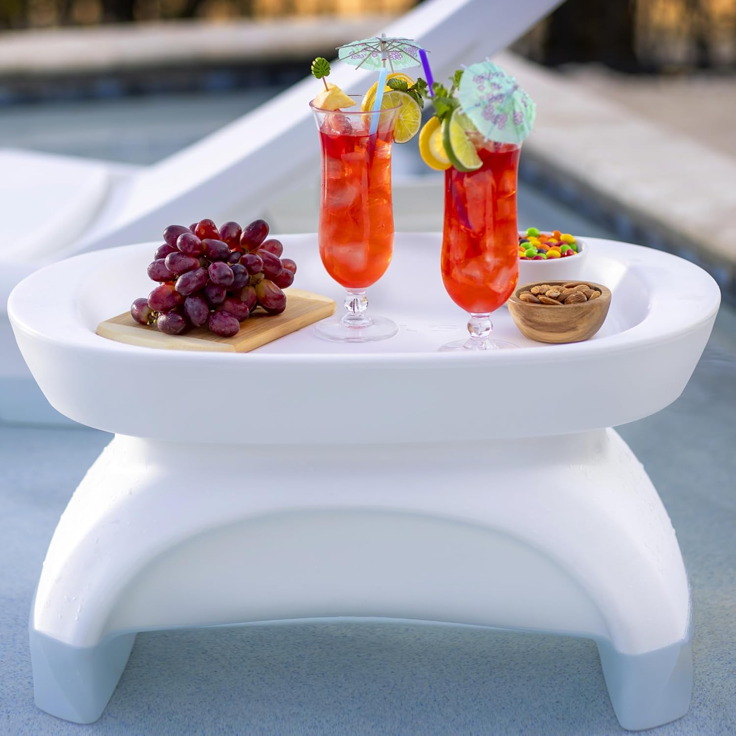 Step2 Vero Side Table with Serving Tray, Outdoor/Indoor Waterproof Patio Furniture, Use in Pools Up to 9" Water or Poolside Ledge, White