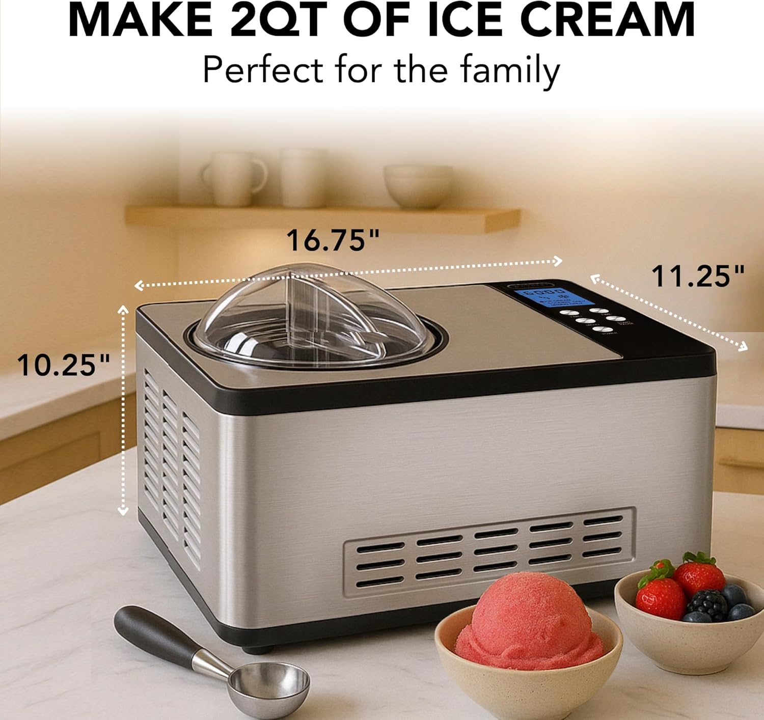 Whynter Ice Cream Maker Machine Automatic 2.1 Qt. with Built-In Compressor, ICM-200LS, Stainless Steel