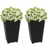 Keter Set of 2 Resin Modern Outdoor 22 Inch Tall Large Flower Pots, Tapered Wood Look Planters, Graphite