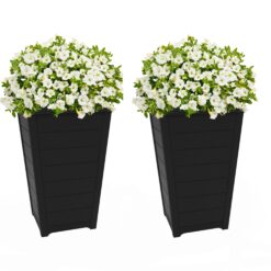 Keter Set of 2 Resin Modern Outdoor 22 Inch Tall Large Flower Pots, Tapered Wood Look Planters, Graphite