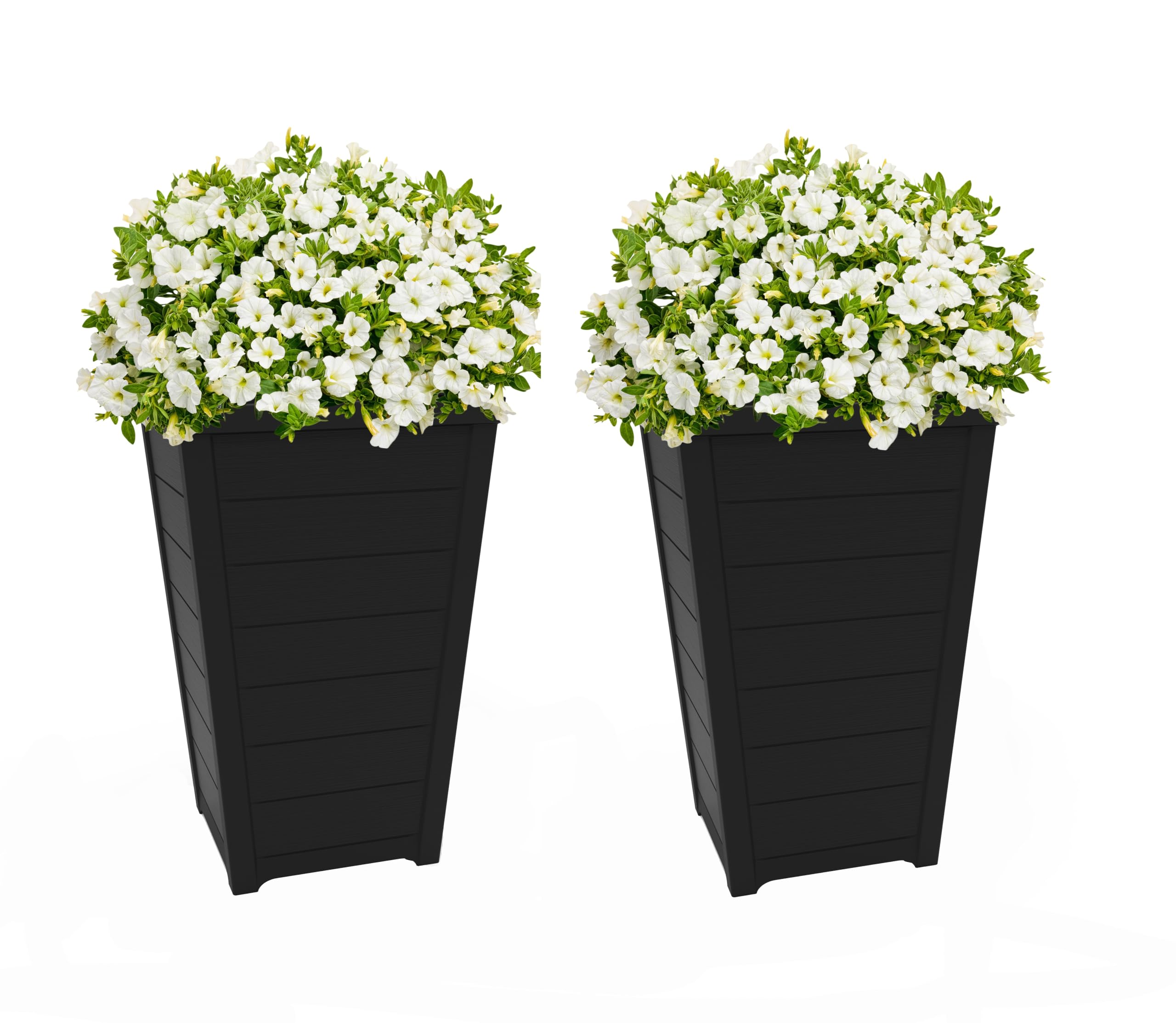 Keter Set of 2 Resin Modern Outdoor 22 Inch Tall Large Flower Pots, Tapered Wood Look Planters, Graphite