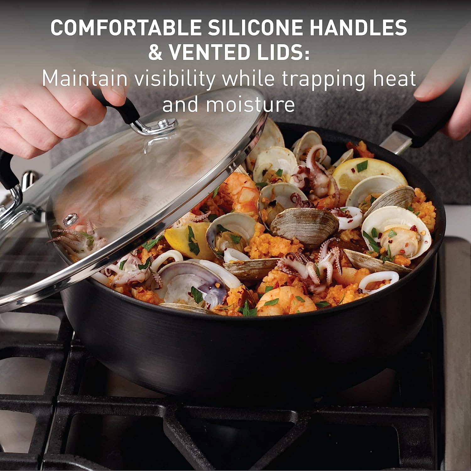 T-fal Ultimate Hard Anodized Nonstick Cookware Set 14 Piece, Oven Broiler Safe 400F, Lid Safe 350F, Kitchen Cooking Set w/Fry Pans, Black - Image 3